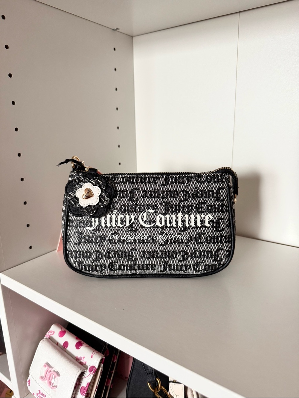 Juicy Couture “Summer Garden” Black and White Logo Wristlet with Floral Charm